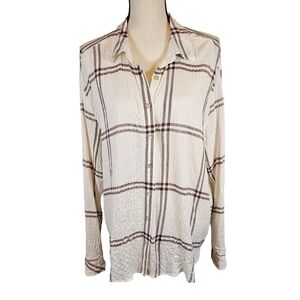 Jane & Delancey Seersucker Long Sleeve Button Down Blouse,Cream/Brown Striped,XL